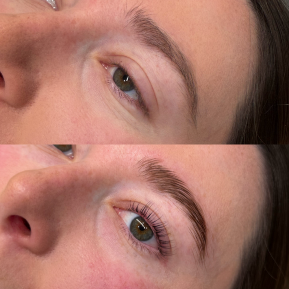 A close-up before-and-after comparison of a woman's eye and eyebrow, showing a fuller, darker eyebrow in the bottom panel and a lighter, sparser eyebrow in the top panel. lash lift