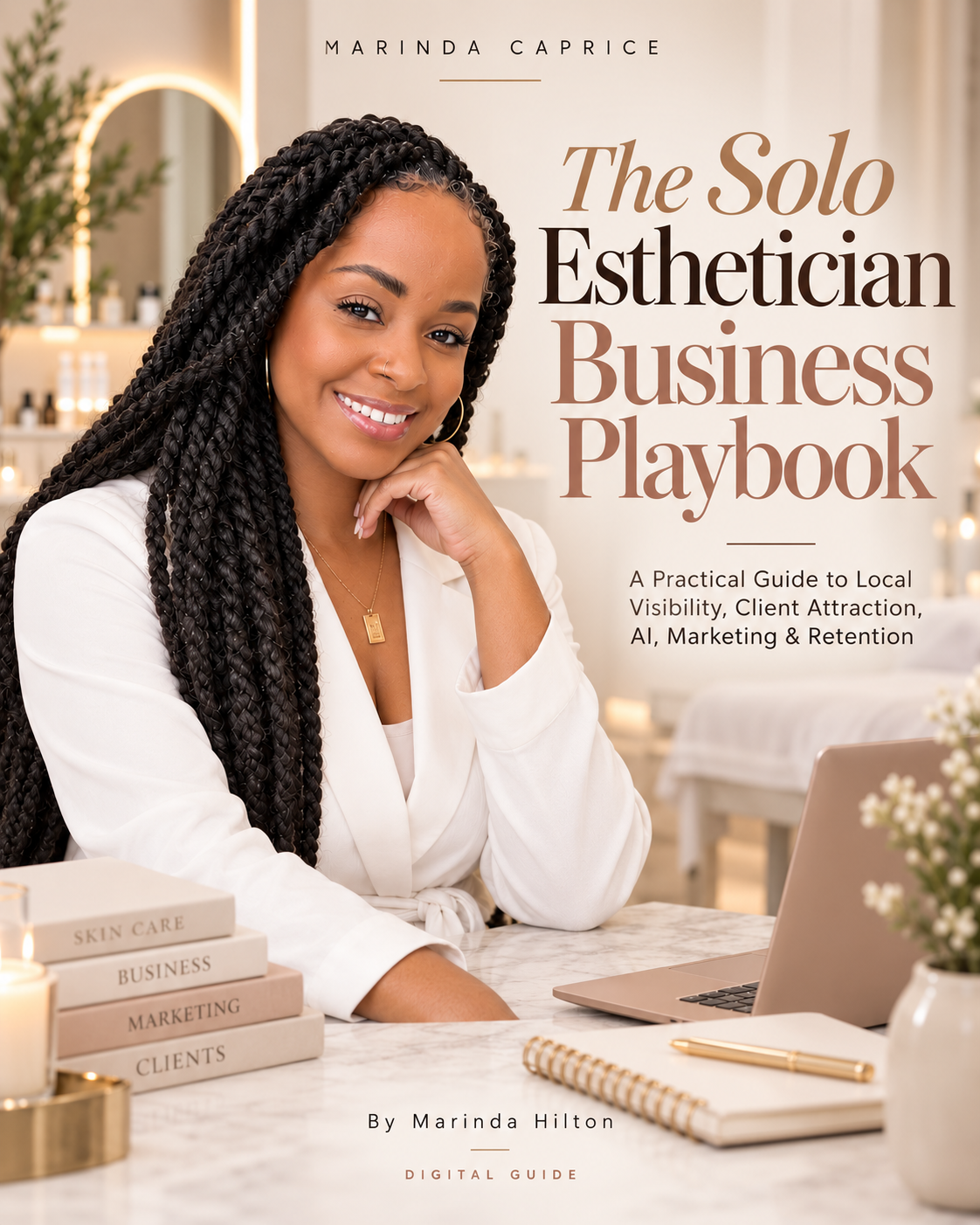 The Solo Esthetician Business Playbook digital guide cover by Marinda Hilton