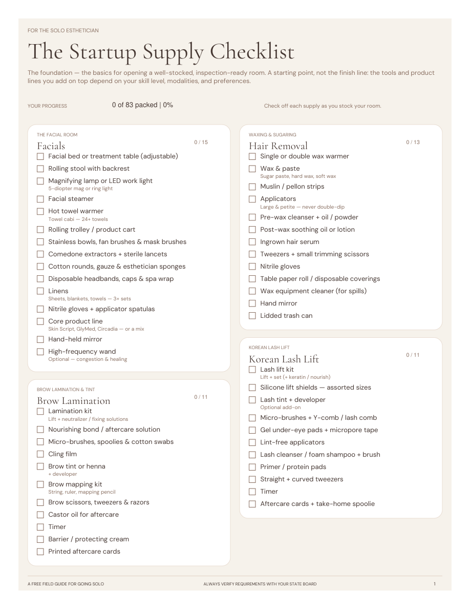 Preview of the free Solo Esthetician Startup Supply Checklist